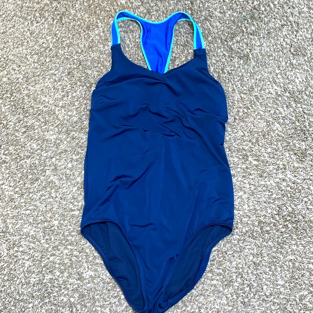 Lands’ End woman one piece bathing suit size 16 long tall blue